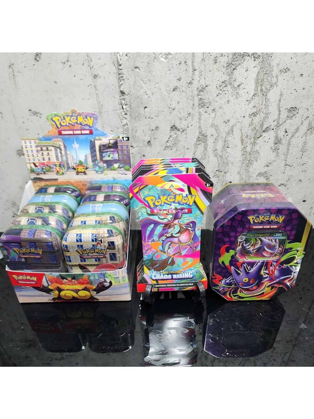 Pokemon 1x Mega Moonlit Tin 10x Lumiose City Mini Tins 6x Chaos Rising Sleeved